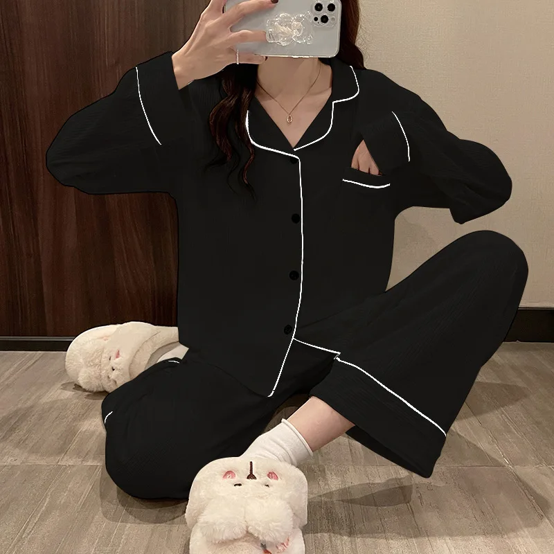 New Casual Sleepwear Pyjamas Women Black White Autumn Winter Home Clothes Long Sleeve Female Nightwear Pajamas Set M-3XL