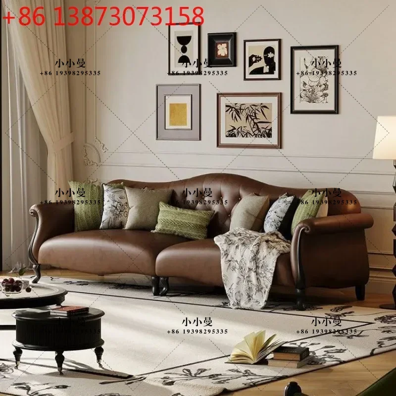 Genuine leather American vintage small apartment, traditional black brown sugar living room cloud French straight row sofa