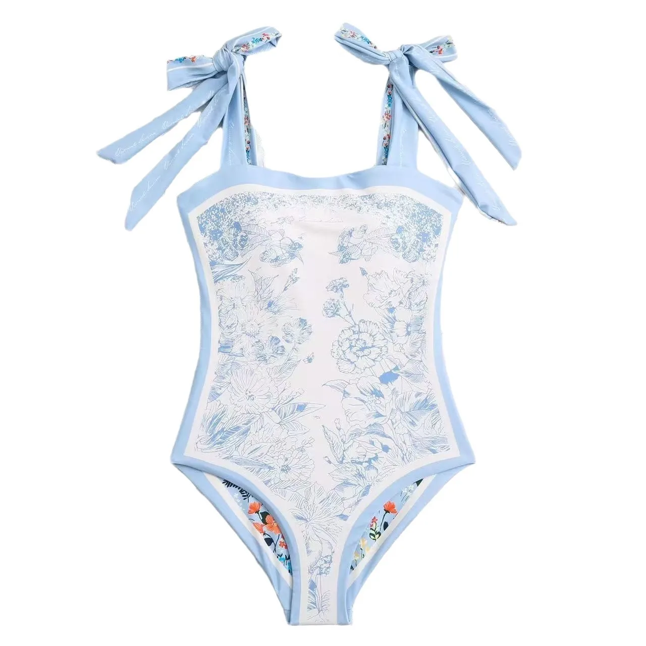 Sweetheart Neck Bathing Swimwear Woman Swimsuit Retro  Suit Floral Print Monokini Pastel Blue Swimsuit Tankini Women's Tie