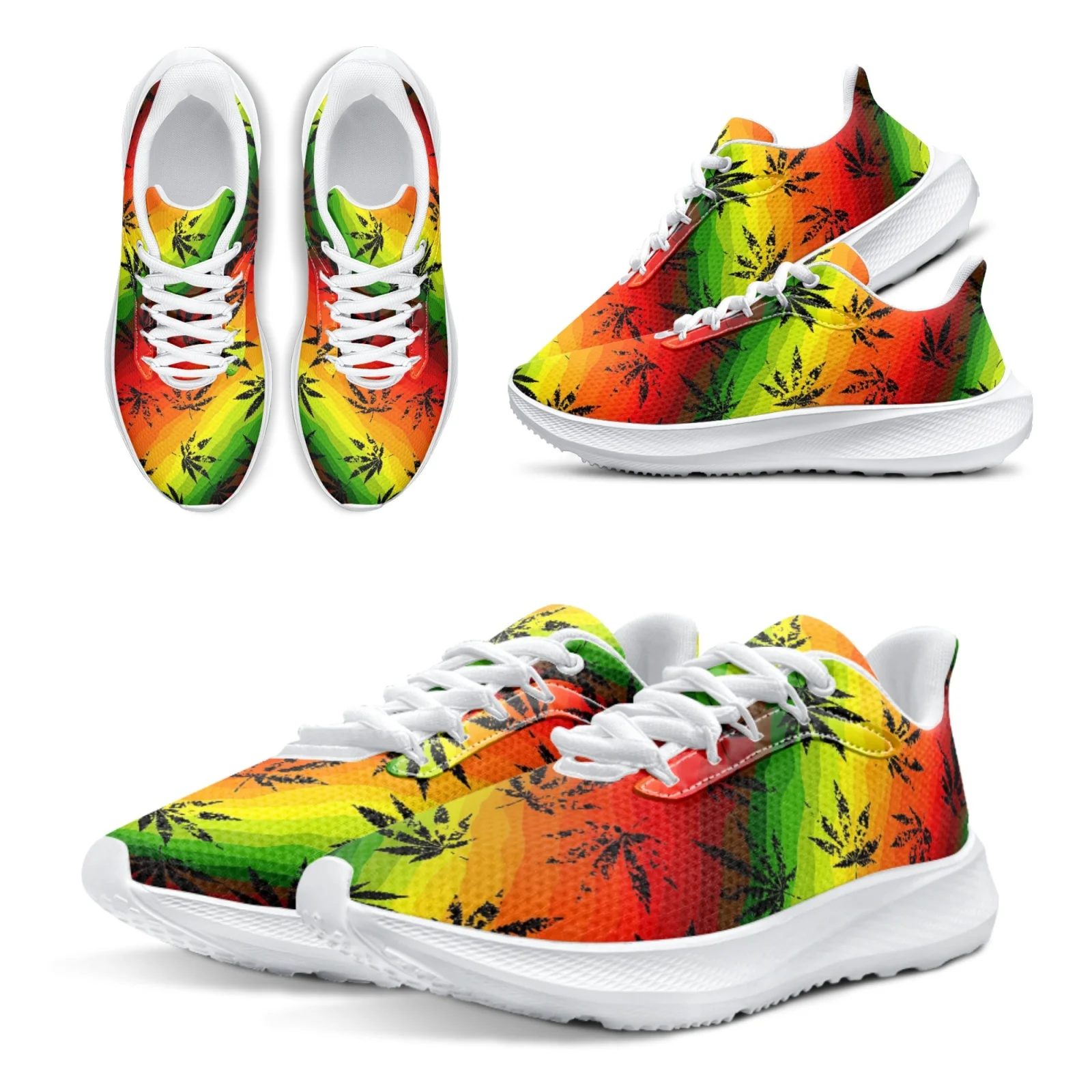 INSTANTARTS Colorful Weed Leaf Print Running Shoes 420 Comfortable Breathable Girls\' Gym Sneakers White Soft Sole Tennis Shoes