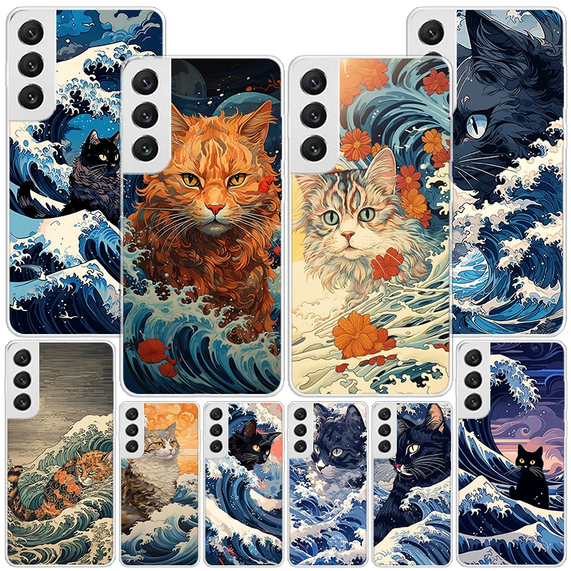 Anime Cat Sea Wave Aesthetic Phnoe Case for Samsung Galaxy S23 S24 Ultra S22 Plus S21 S20 FE S10E S10 S9 S8 + Unique Cover Coque