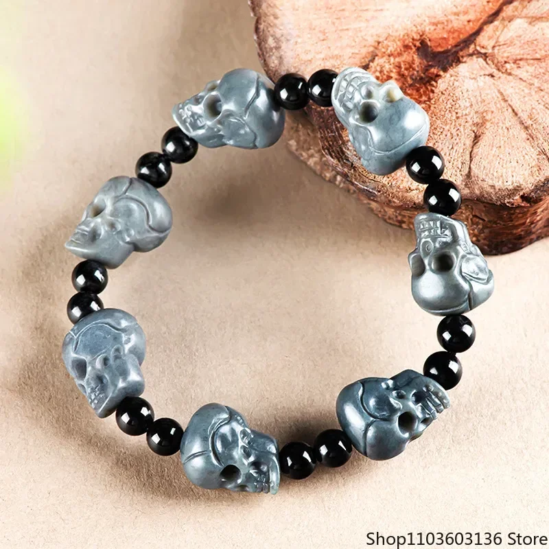 

New Natural Hetian Jade Ink Jade Skull String Barrel Beads Bracelet Men and Women Fashion Personalized Hand Jewelry Gifts