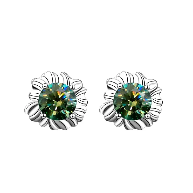 Sunflower 18K gold stud earrings women's niche earrings green mozzarella diamond earrings