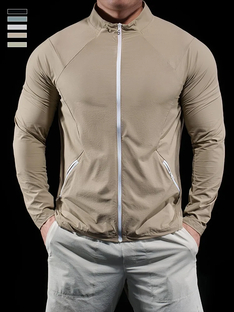 

Мужская куртка с длинными рукавами для тренажерного зала и фитнеса на открытом воздухе, повседневная куртка для бега и тренировок, воротник-стойка, топ на молнии, летний стиль