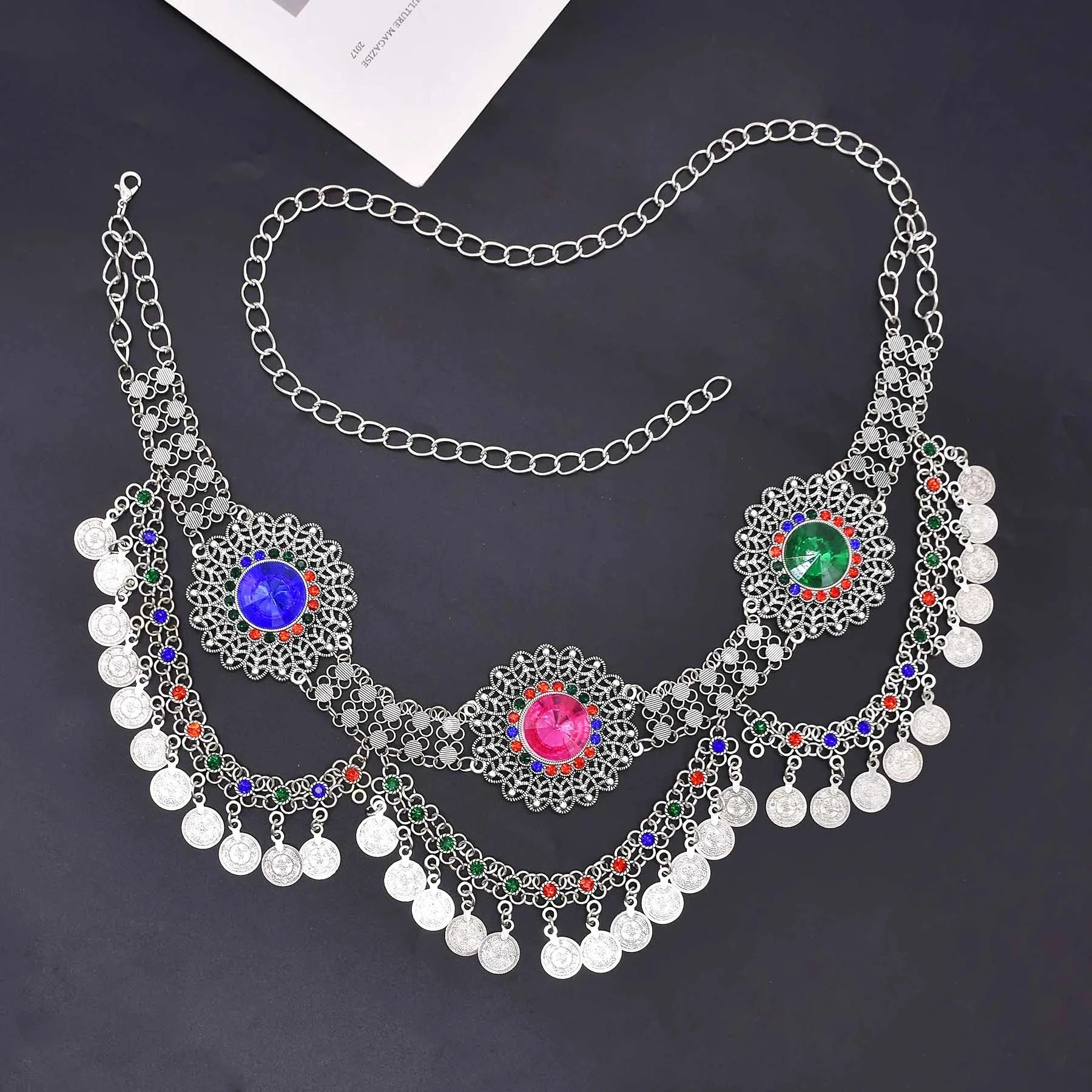 Boho Colorful Acrylic Crystal Beads Coins Belly Chains Vintage Afghan Ethnic Dress Belt India Pakistan Female Waist Body Jewelry