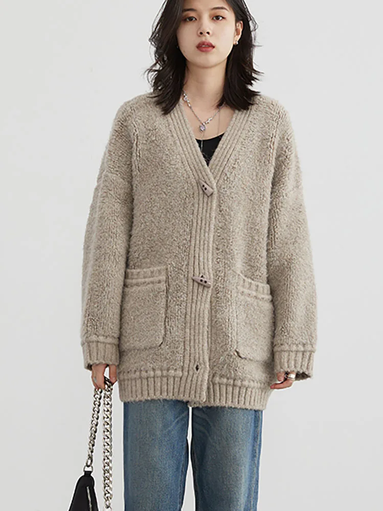 CHIC VEN Korean Women Cardigan Loose V-neck Ladies Knitwears Thick Warm Fashion Sweater Woman Knitted Jumpers Autumn Winter 2024