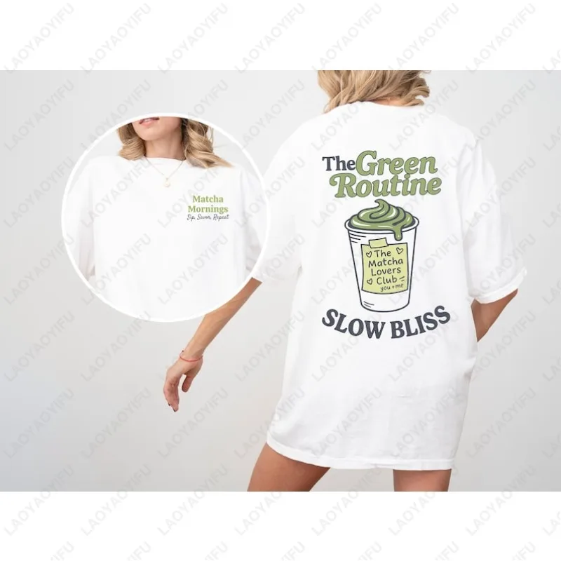 Camisetas con estampado de Latte helado de té verde Matcha, camiseta de algodón con estampado de doble cara para hombres y mujeres, camisetas estéticas bonitas de té en polvo de Uji, regalo