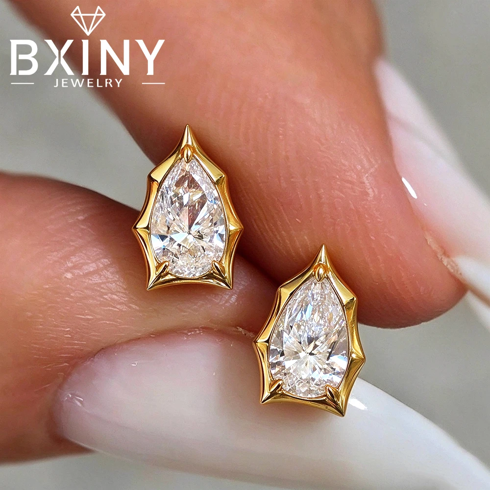 BXINY Frame Set Pear Shape Moissanite Stud Earrings 925 Sterling Silver Gold Plated Waterdrop Diamond Earrings for Women Jewelry