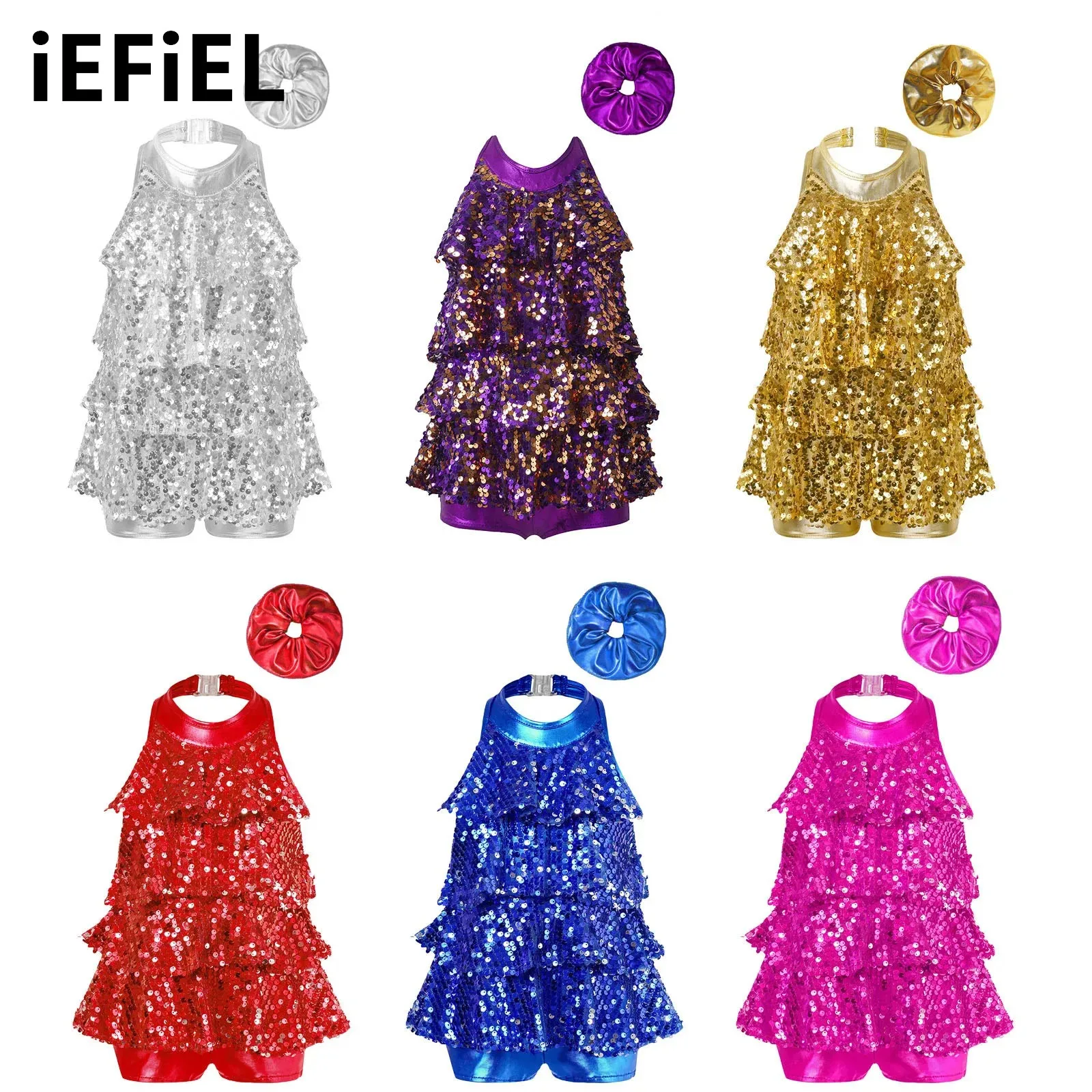 

Kids Sequins Jazz Leotard Girls Modern Latin Dance Costume Halter Shiny Sequins Ruffles Leotard with Metallic Elastic Hair Band