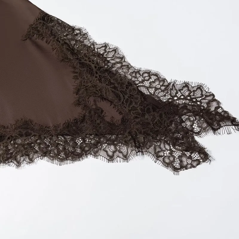 CharmChant Damen-Kleid aus Satin, braun, asymmetrisch, mit Spitze, Ausschnitt, Cape-Ärmel, luxuriös, elegant, Party, bescheidenes Abendkleid