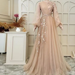 Elegante abito formale musulmano champagne A-Line tulle manica lunga perline abiti da sera musulmani caftano marocchino