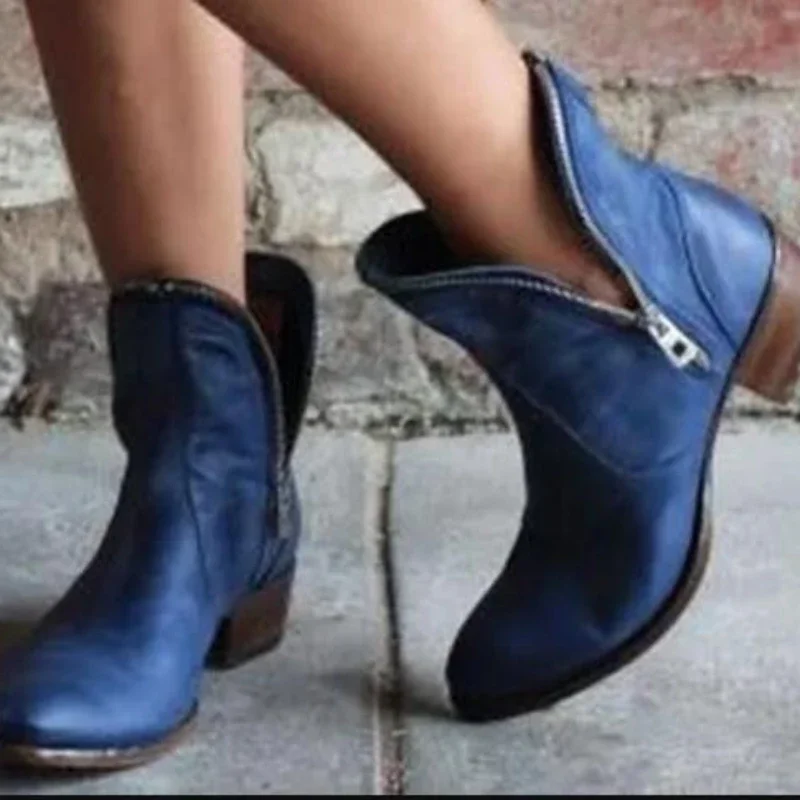 Women Boots Fashion Ankle Sewing PU Zipper Square Heel British Style Women Shoes Dark Blue Autumn Winter New Style Work Boots