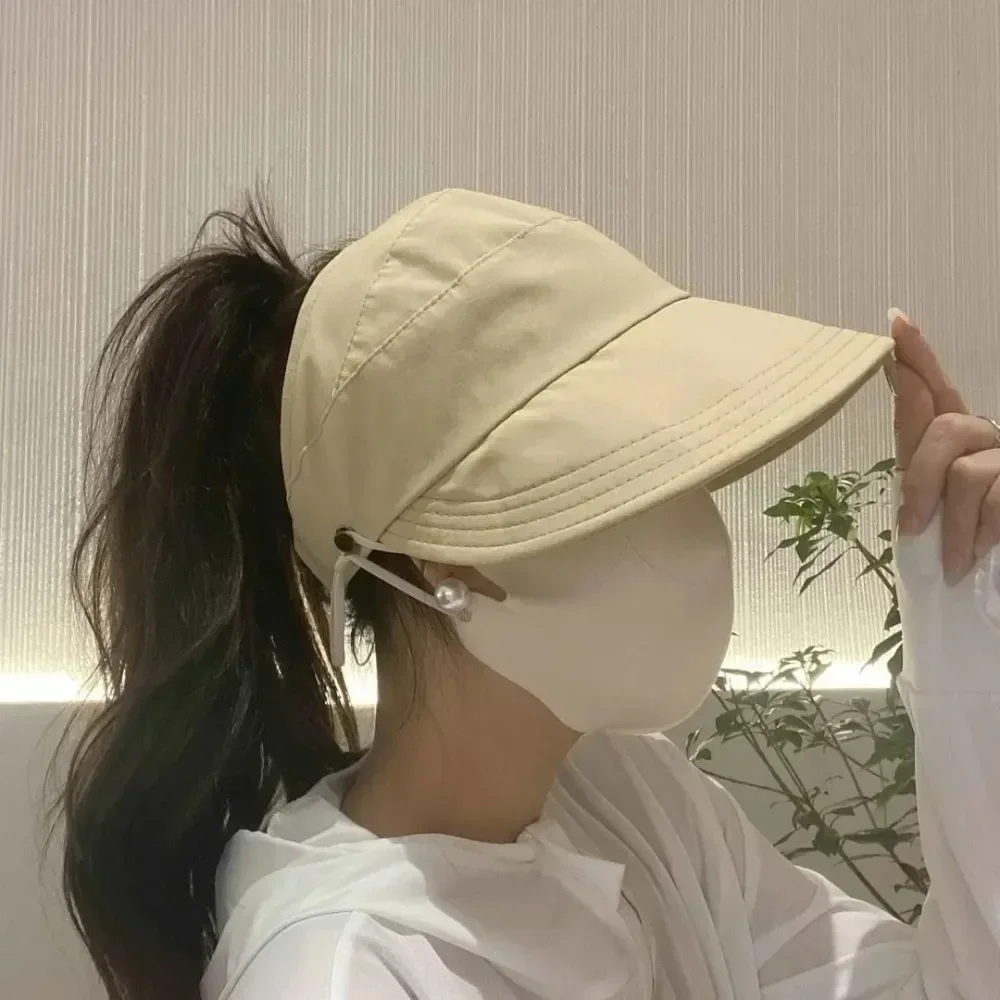 Summer Wide Brim Sunhat Women Foldable Adjustable Outdoor Beach Bucket Hat UV Protection Visors Fisherman Ponytail Caps