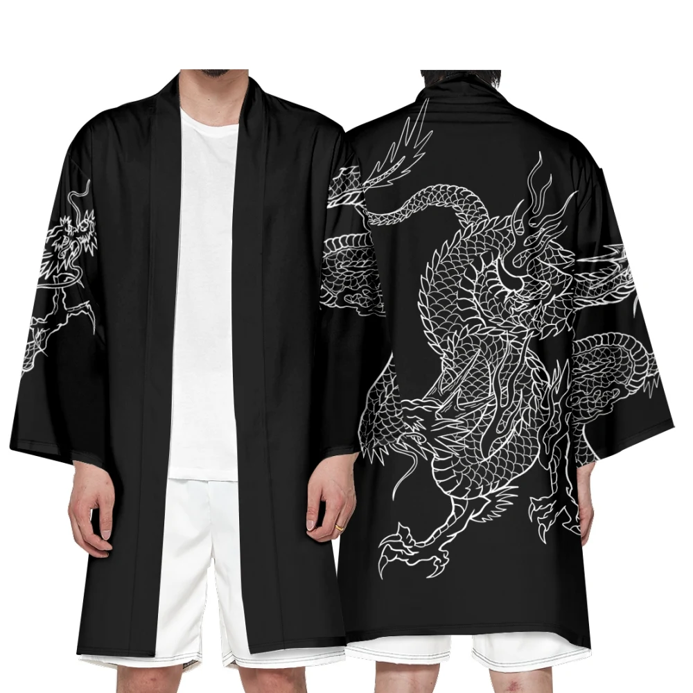 Men's Japanese Long Kimono Cardigan Boys Samurai Costume Kimono Dragon Pattern Kimono Shirt Yukata Outer Cover