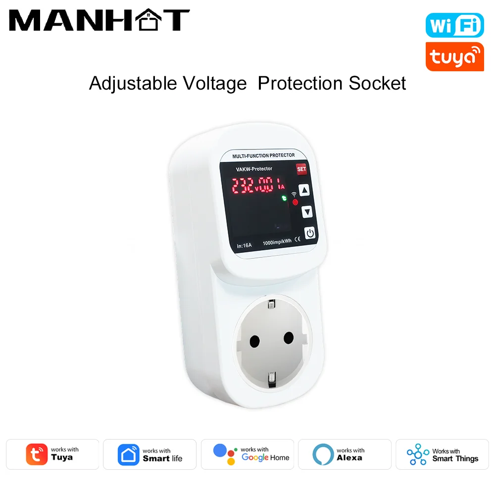 

Tuya WiFi Smart Socket 16A Adjustable Voltage and Current Protector Multi Metering App Remote Control Work Google Home EU Plug