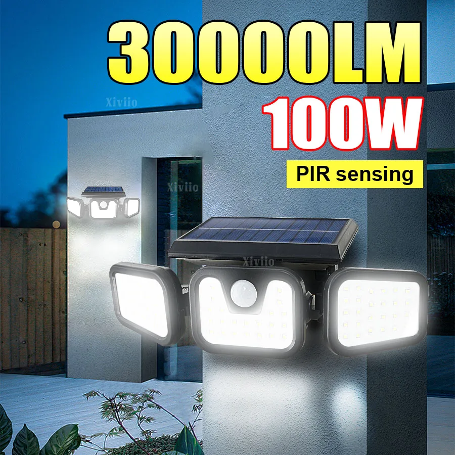 

30000LM 100W Solar LED Lights Outdoor Motion Sensor Human Induction 270° Floodlight Adjustable Three Head Solar Power Wall Lamp