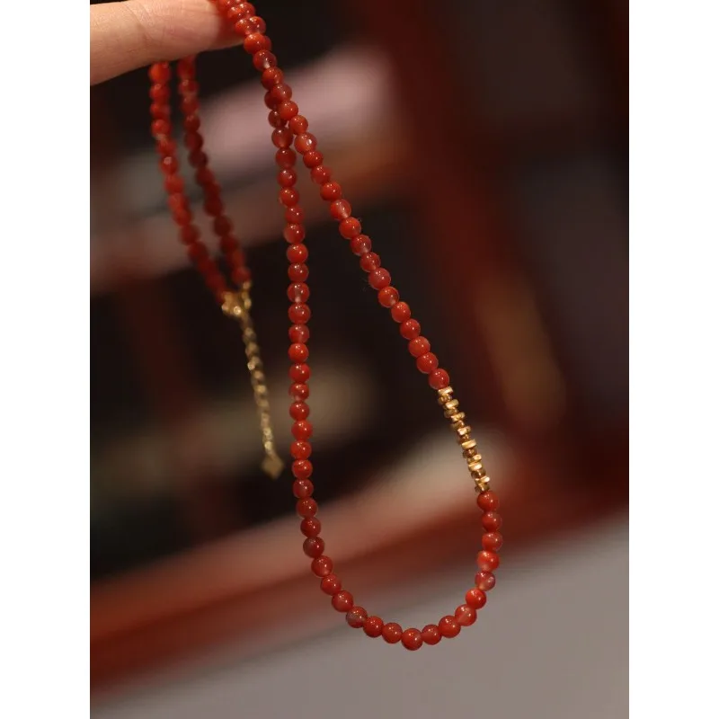 Natural 6MM Nanhong Red Agate Bead Necklace Women Gold Plated Vermeil Crushed Safety Symbol Zodiac Birth Year Artisan Heirloom
