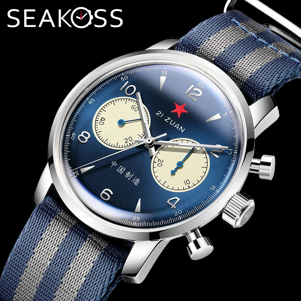 SEAKOSS 42mm Chronograph Men's Blue Panda 1963 Original Seagull Movement Sapphire ST1901 Sapphire Mechanical Watches Swan-neck