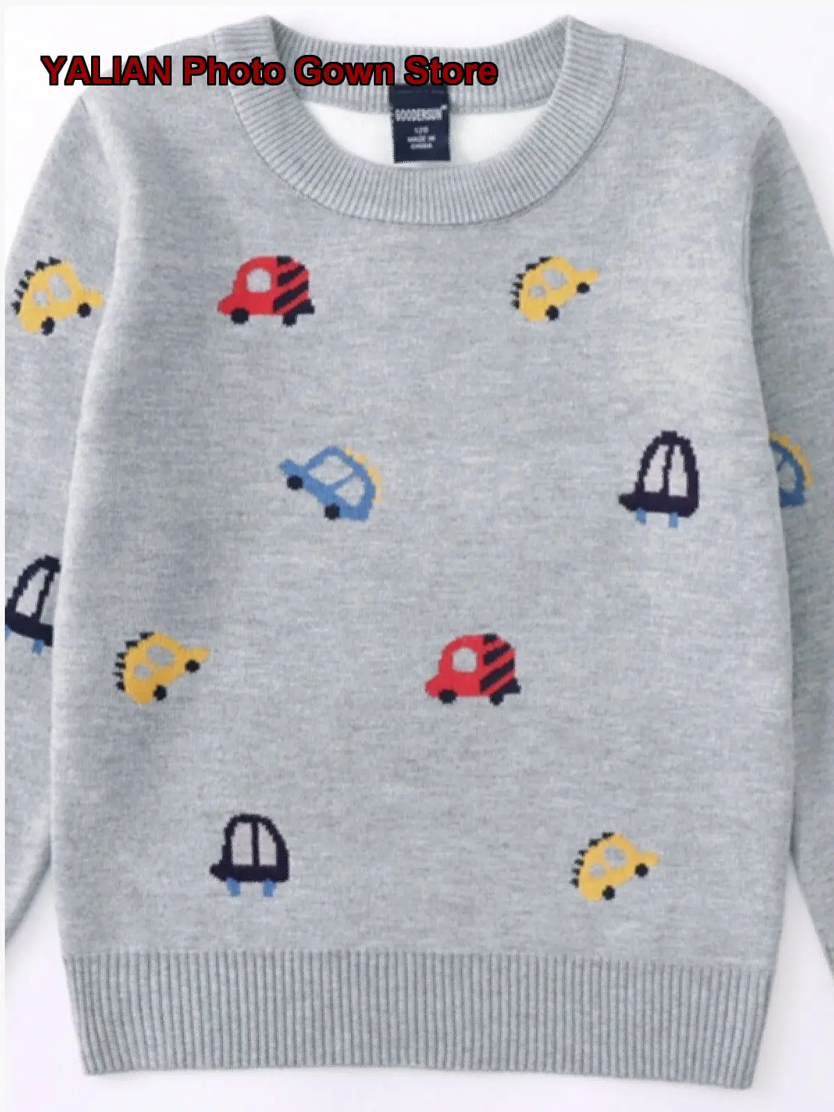 Boys Pullover Sweater Autumn Winter Double-Layer Warm Car Pattern Round Neck Pure Cotton Baby Knit Top