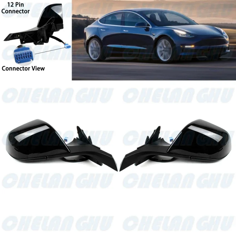 For Tesla Model 3 2017 2018 2019 2020 2021 1 Pair 12 Pins black painted Memory Power Fold mirror assembly