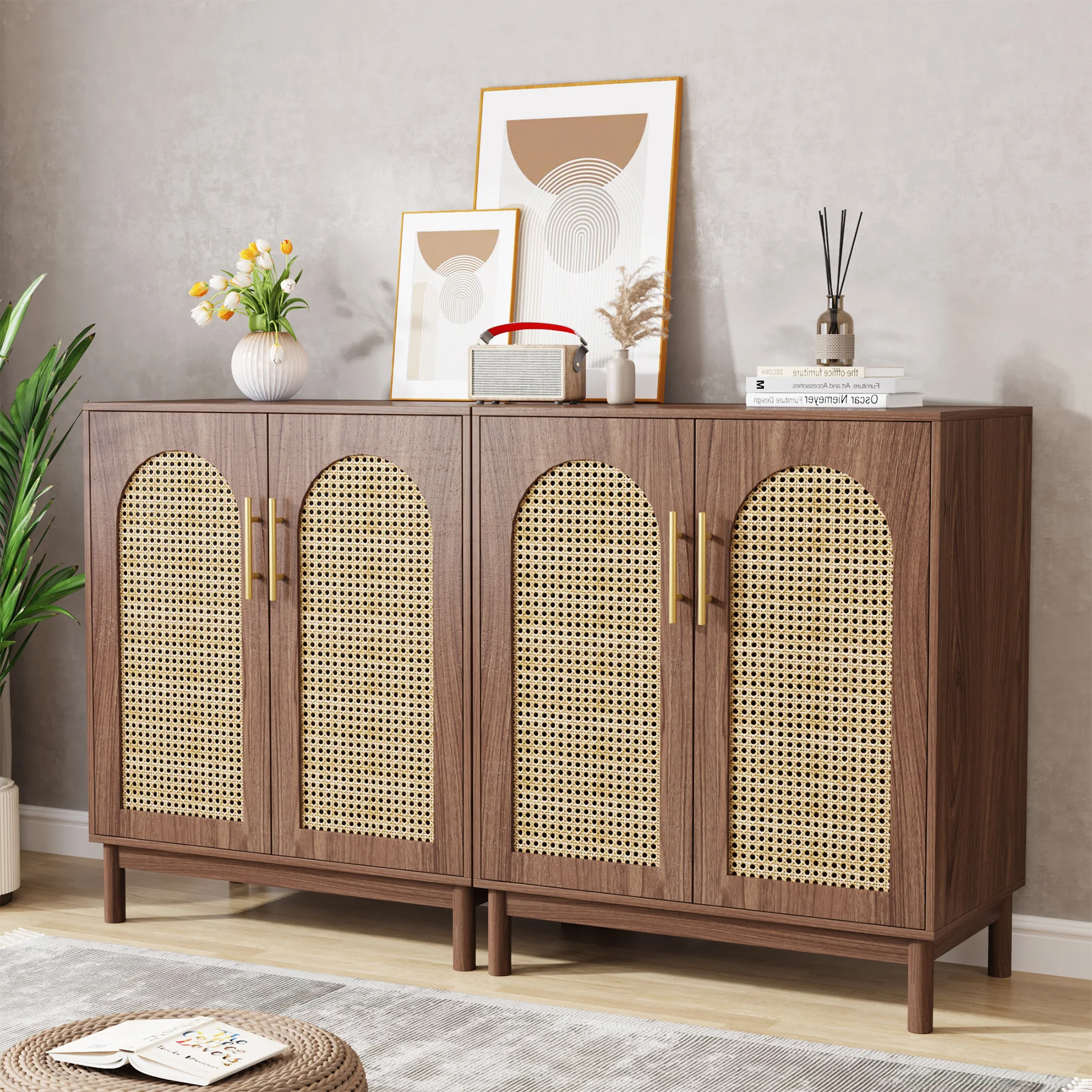 Tribesigns Set of 2 Rattan Sideboard Buffet Cabinet with Storage, 59 Inch Accent Cabinet with Doors