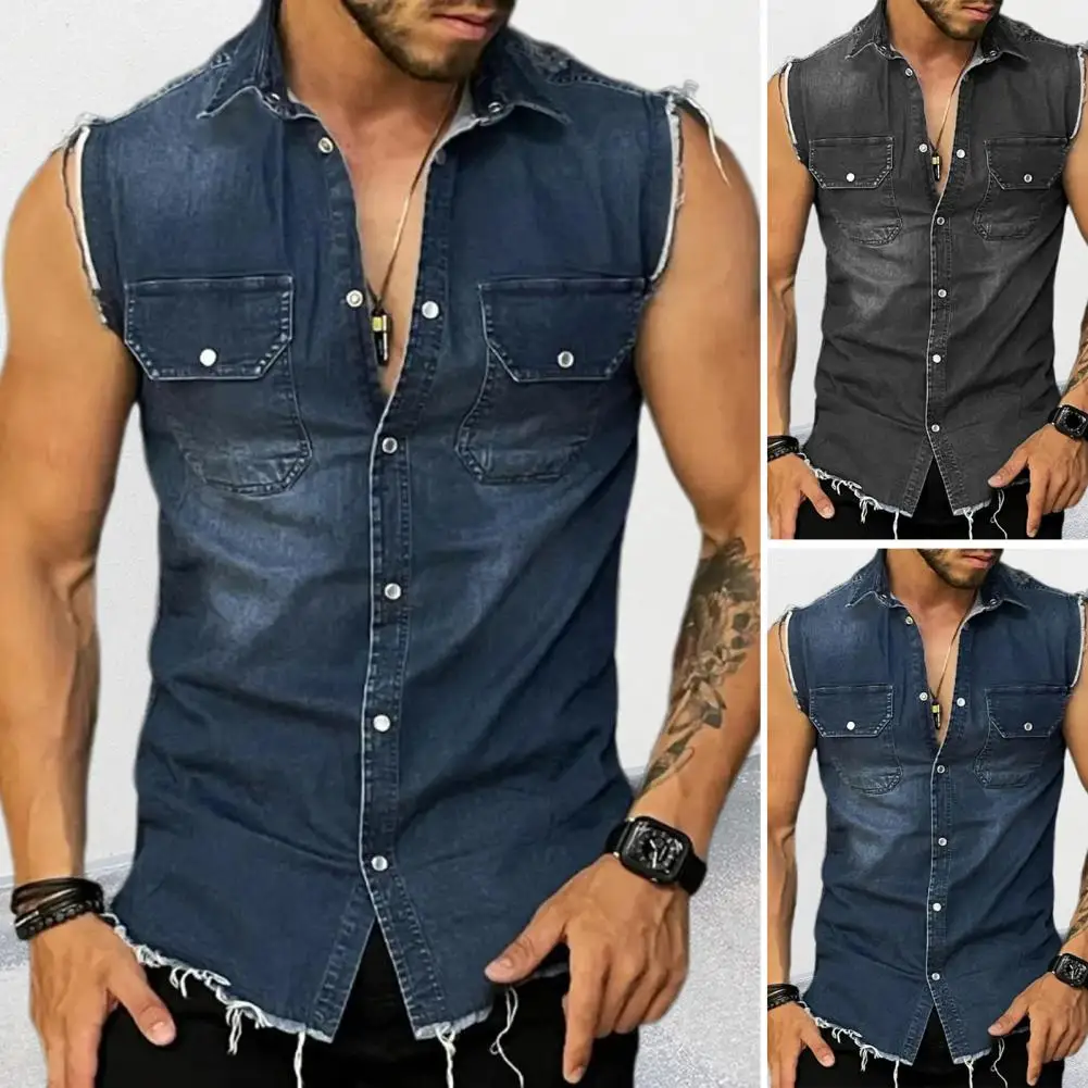 

Lapel Sleeveless Vest Jacket Single-breasted Flap Pockets Tassel Men Summer Solid Color Denim Shirt Streetwear Show Body Muscle