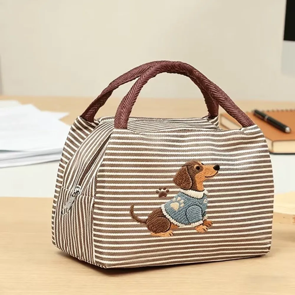 Cute Puppy Embroidery Thermal Lunch Bag Striped Portable Tote Bag Insulated Handheld Food Container Bag Picnic