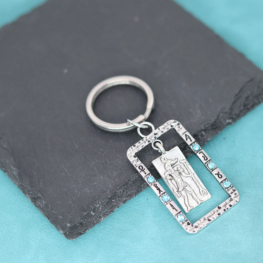 Anubis Pendant with Red Cubic Zirconium Gemstone Keychain Ancient Egyptian Gods With Hieroglyphics Amulet Jewelry Key Chains