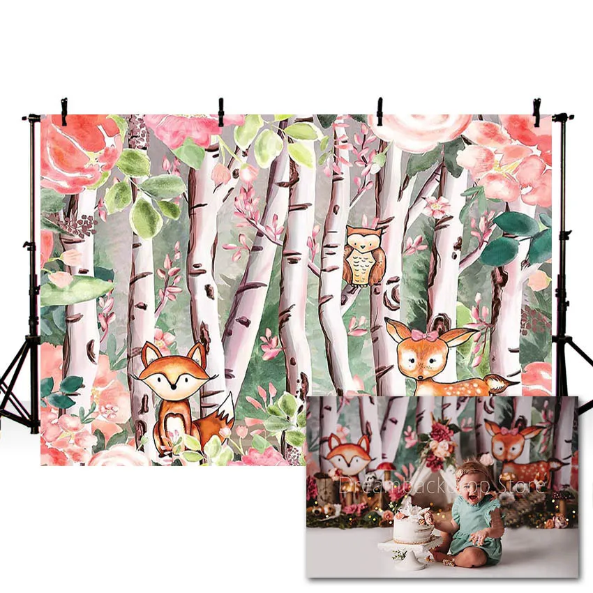 Mehofond Woodland Backdrop For Photography Spring Forest Fox Flower Baby Kids Birthday Party Decor Photo Background Photocall