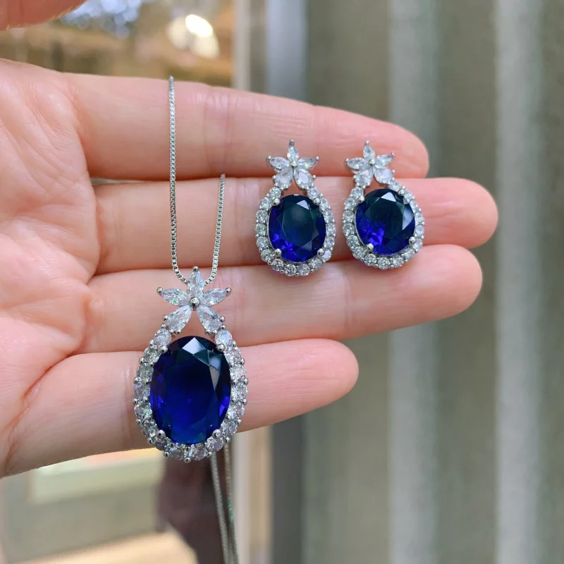 

European and American style sapphire blue earring and necklace jewelry set with main earring stone10*12Pendant12*16