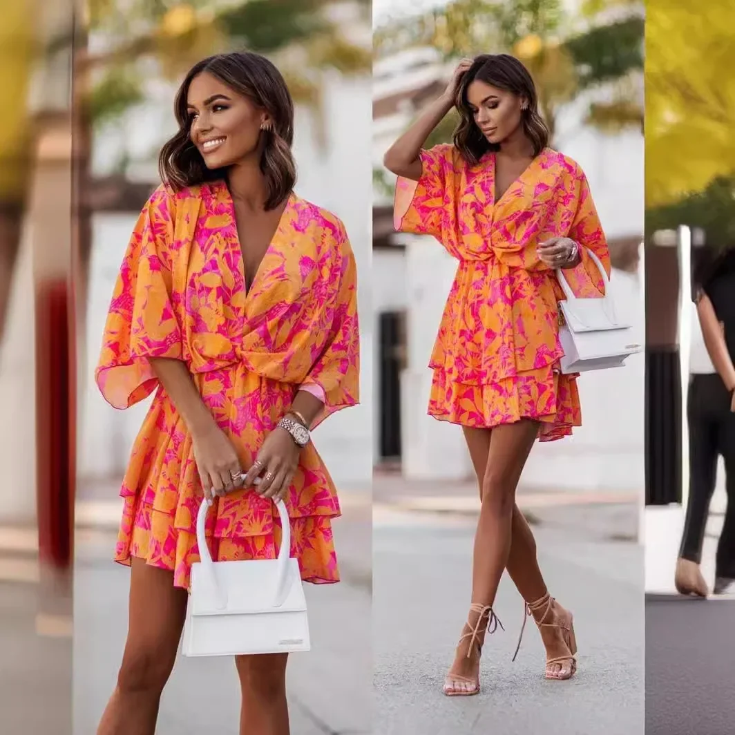 

Fashion printed wavy sleeve dress