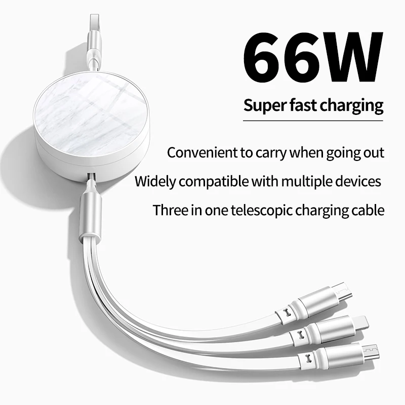 3 In 1 USB Fast Charging Cable Retractable 6A/66W Type C Charger Cord Data Cable For iPhone Xiaomi Huawei Oppo POCO Wire
