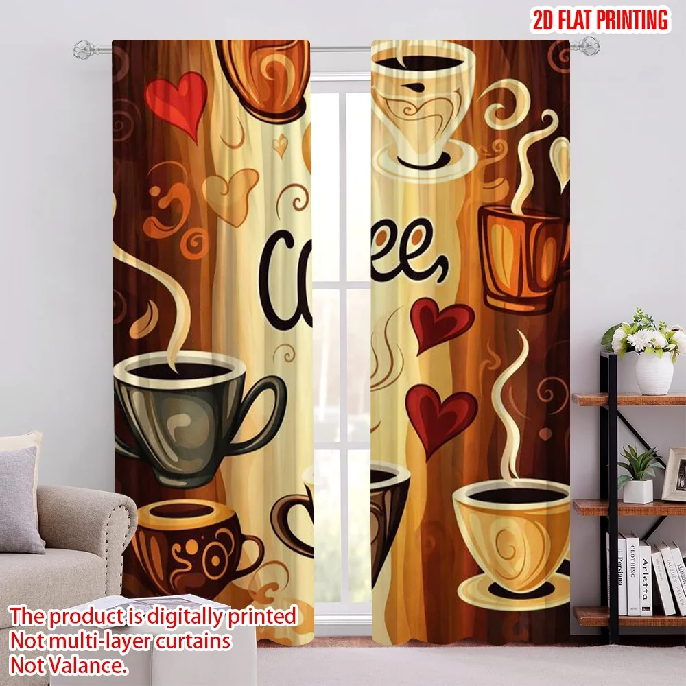 2D flat printing 2pcs Curtain Curtain Coffee Cups and Hearts Digital Printed Polyester Drapes Party Decorations Use for Bedroom