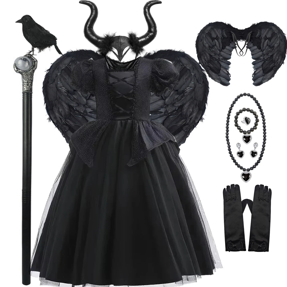 Halloween Costume For Kids Black Witch Dress Luxury Lace Sequin Evil Role Playing Costume Maleficent Dress Up Outfit Ghost Bride