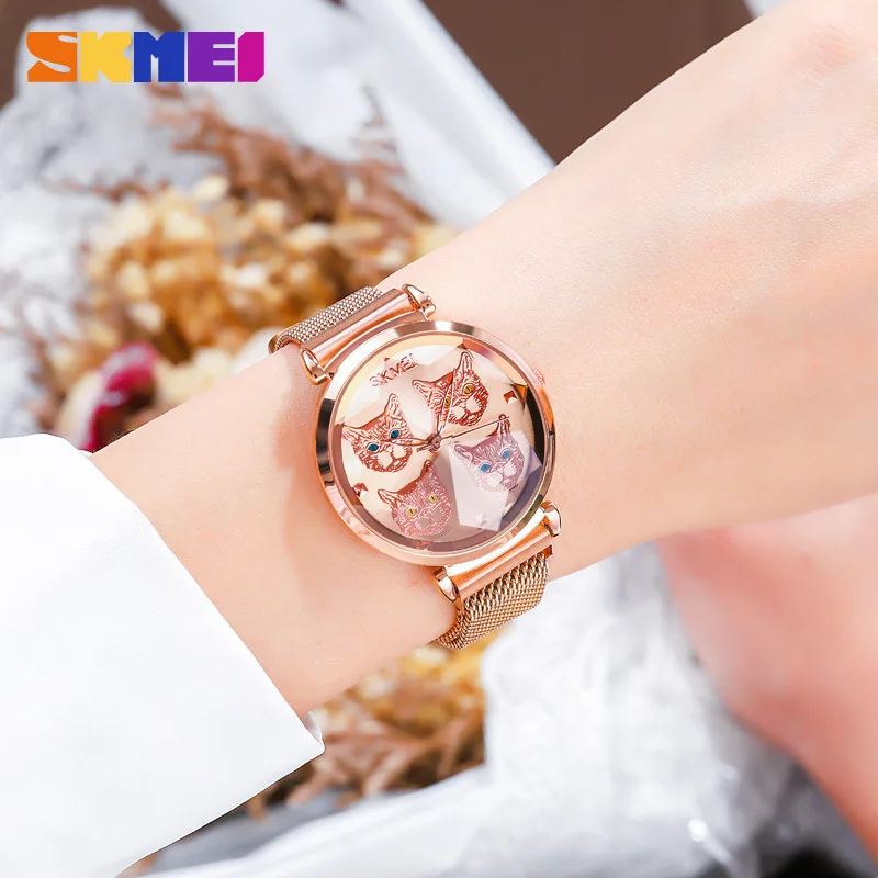 Skmei-Montre à Quartz Créative pour Femme, Surface Meow, Dessin Animé, Décontracté, Ceinture en Maille Classique, Miroir 3D, Structure Magnétique