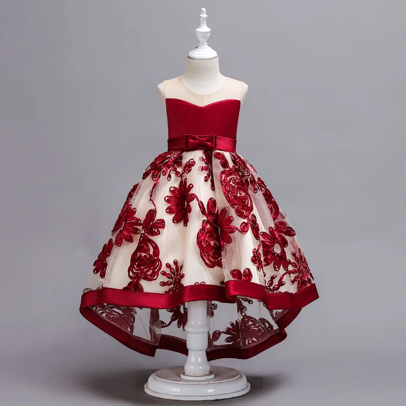 High-end burgundy floral children's dress, girl's birthday performance princess dress, wedding banquet accompaniment dress