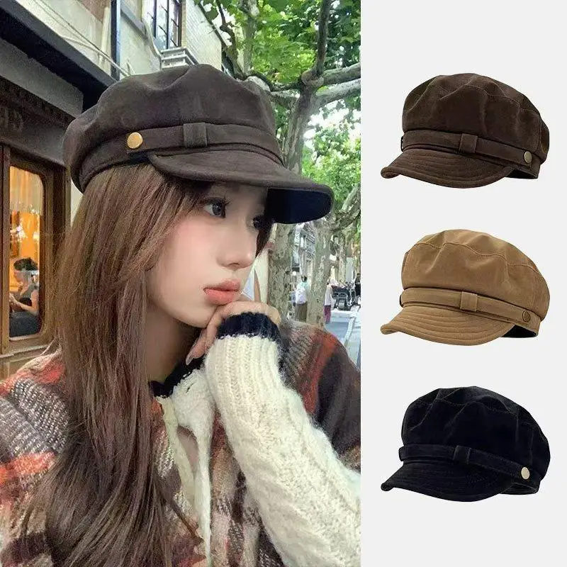 【L】 Vintage Navy Style Autumn and Winter Hat High-End Suede Flat Top Newsboy Cap Casual Versatile Painter Beret Hat For Women