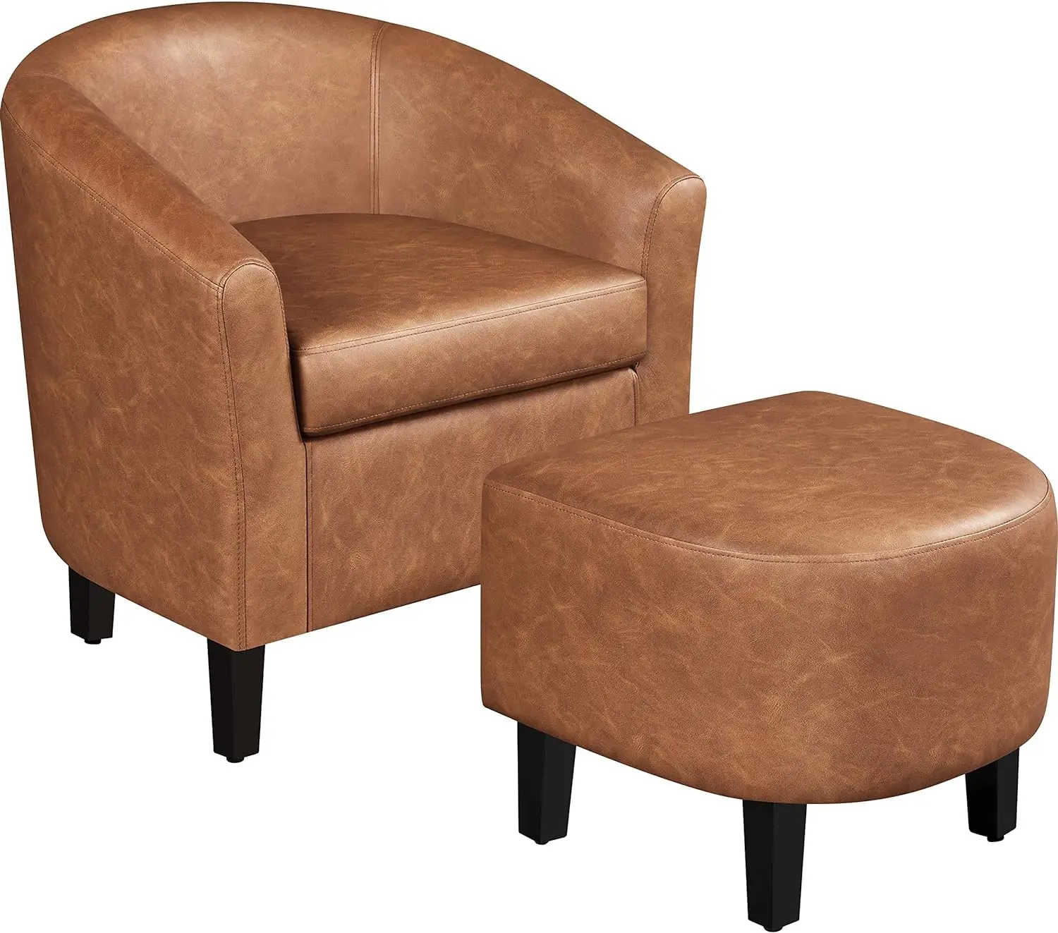 Accent Chair with Ottoman Footstool, PU Leather Modern Upholstered Soft Barrel Chair, Comfy Club Armchair and Footrest