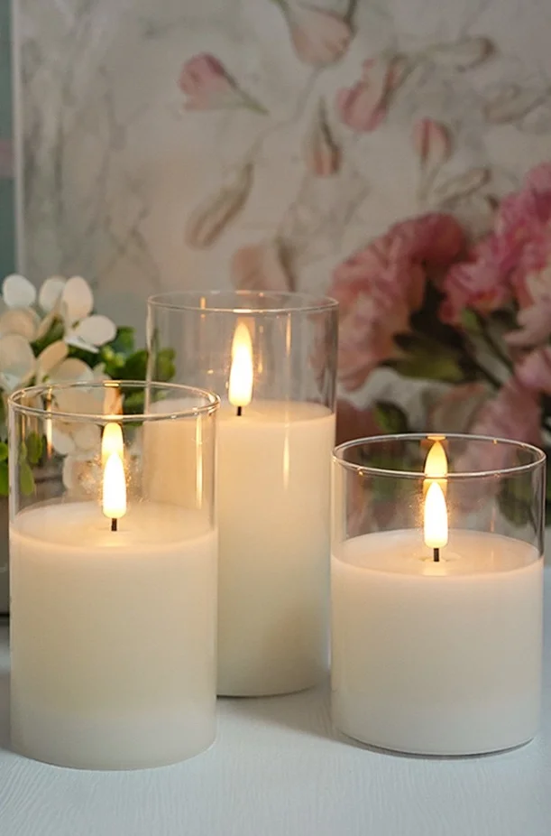 Set of 3 pillar Glass Led candle 3D wick Flickering Battery operated 10-Key Remote Controller&Timer Pillar Candles Paraffin wax