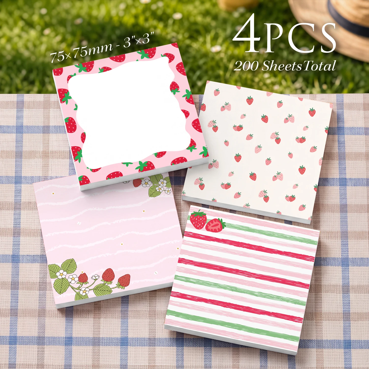 4PCS Strawberry Self Adhesive Sticky Notes 200 Sheets Pink Fruit Floral Striped Memo Pads Cute Pattern Office Stationery