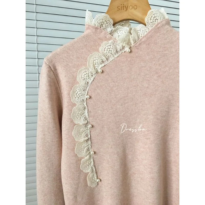 Frühling Neue Stil Spitze Stehkragen Pullover Koreanischen Stil Süße Perle Taste Schlank Bodenbildung Top für Frauen