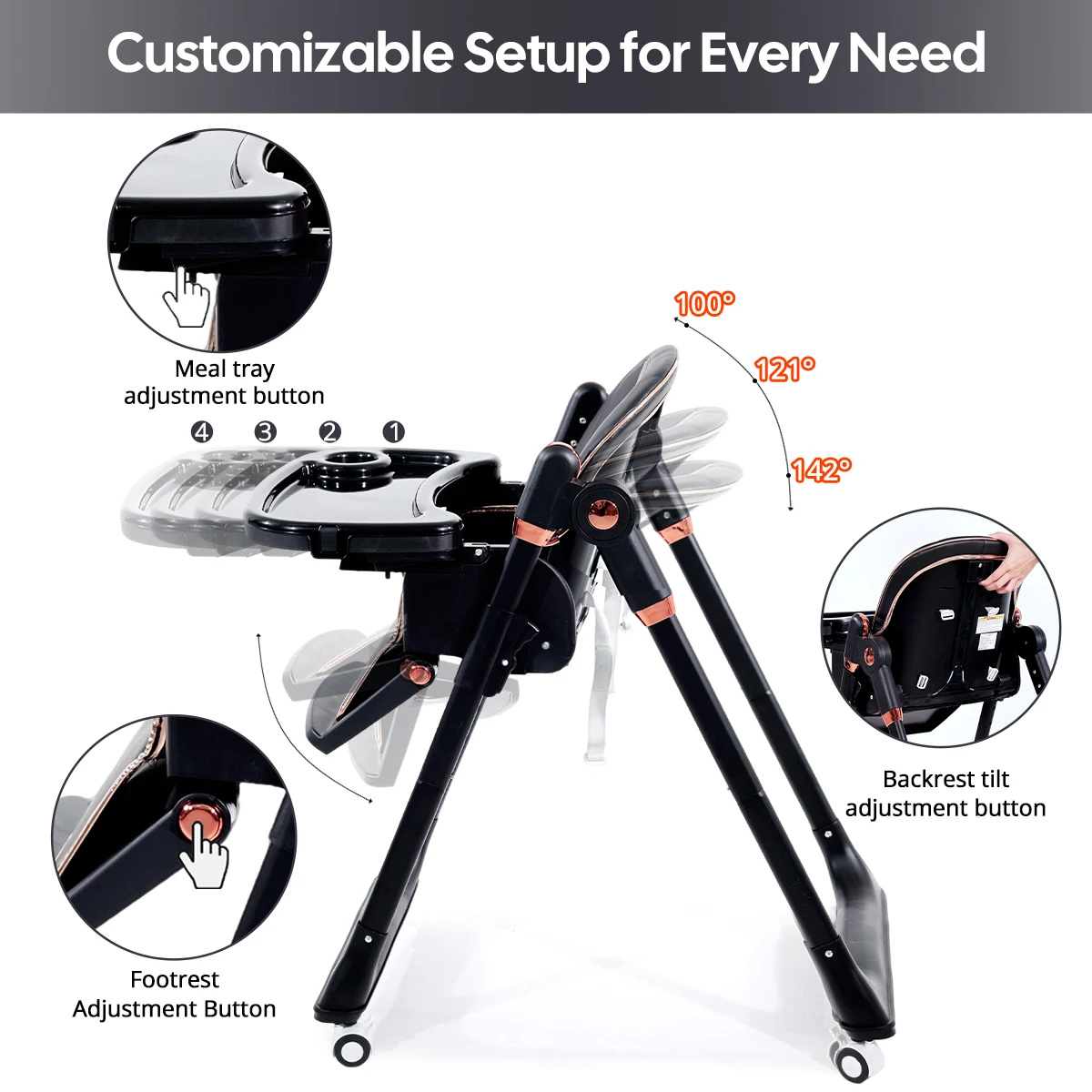 Kinderstoel, opvouwbare kinderstoel, verstelbare zitting, geschikt voor meer dan 6 maanden, met wielen, Thanksgiving cadeau