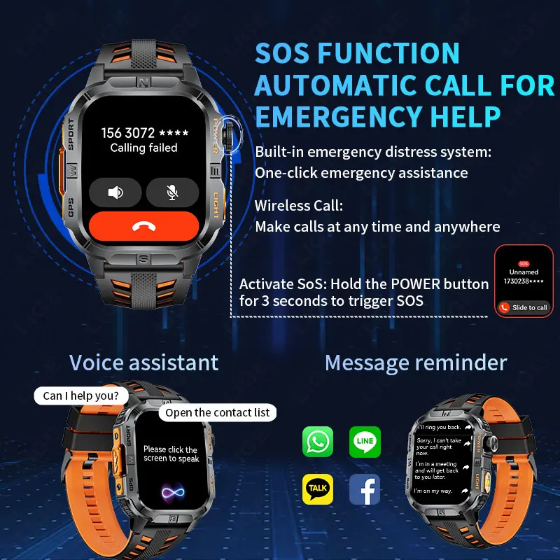 LIGE New 2.01"HD Screen Outdoor Sports Smart Watch 2025 GPS Flashlight Bluetooth Call IP68 Waterproof Compass Smartwatch for Men
