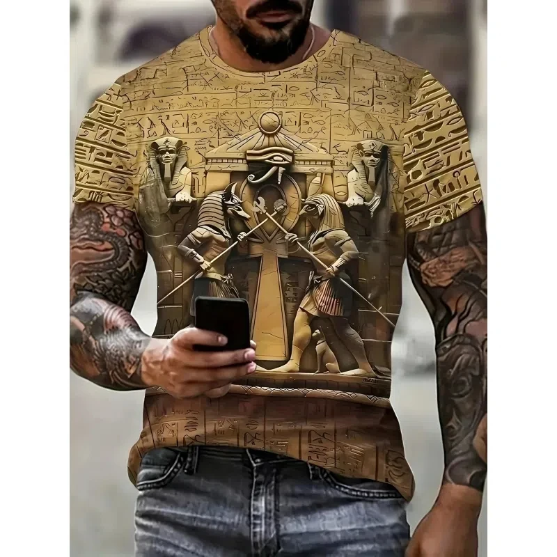 

3D printed ancient Egyptian men's T-shirt with Pharaoh Anubis pattern for summer casual round neck top, loose short sleeved