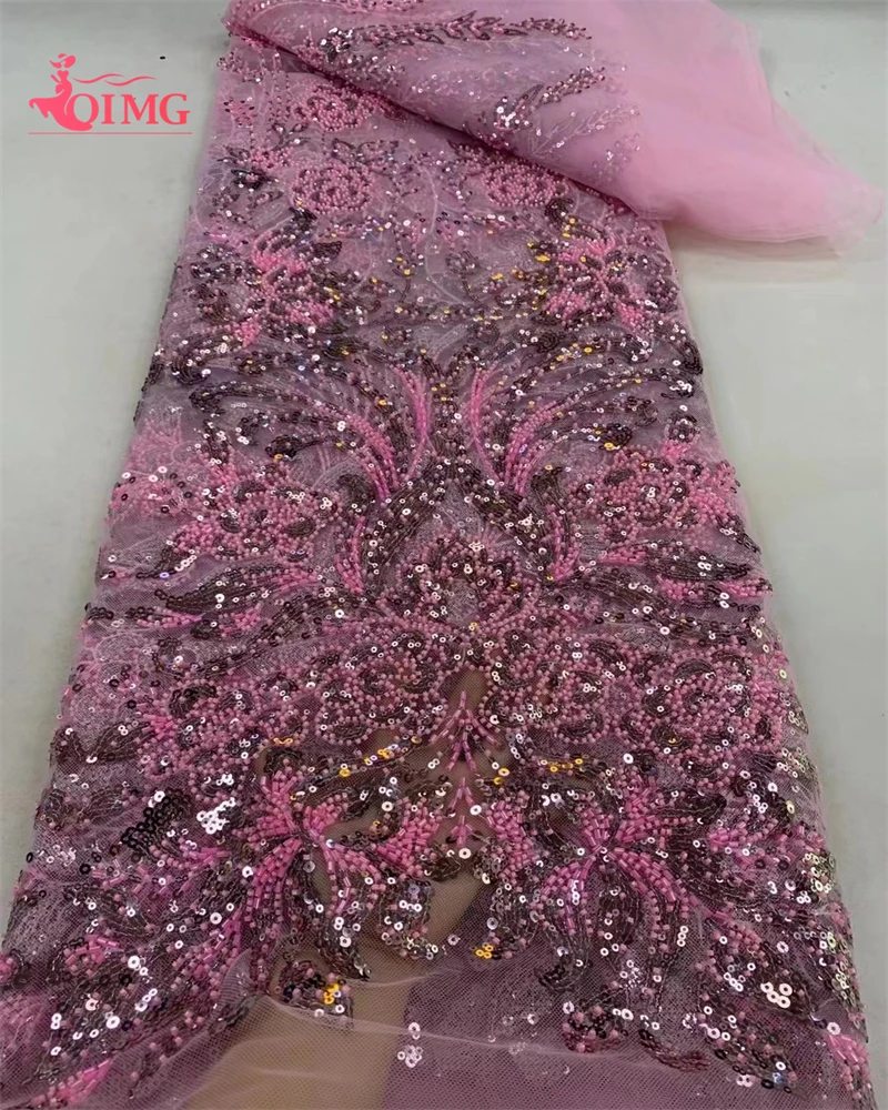 

OIMG African Beaded Lace Fabric 2024 High Quality Mesh Lace Embroidered French Sequins Fabric For Sewing Evening Dress Women