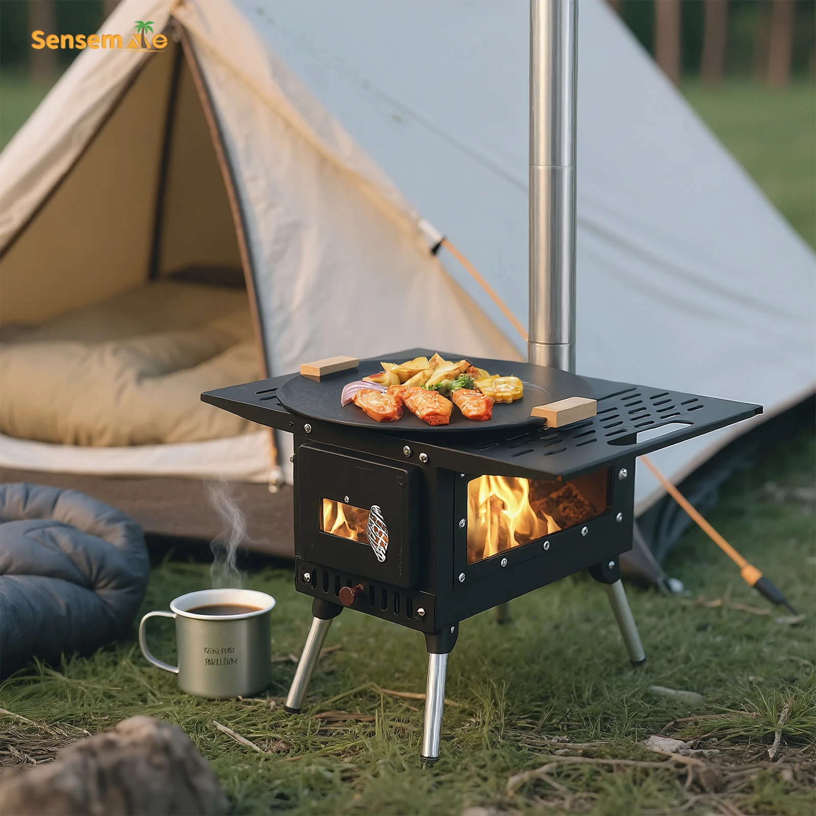 Rocket Stove Camping Wood Burning Stove with 5-Section Detachable Chimney,Foldable Stainless Steel Outdoor Cooking Heat