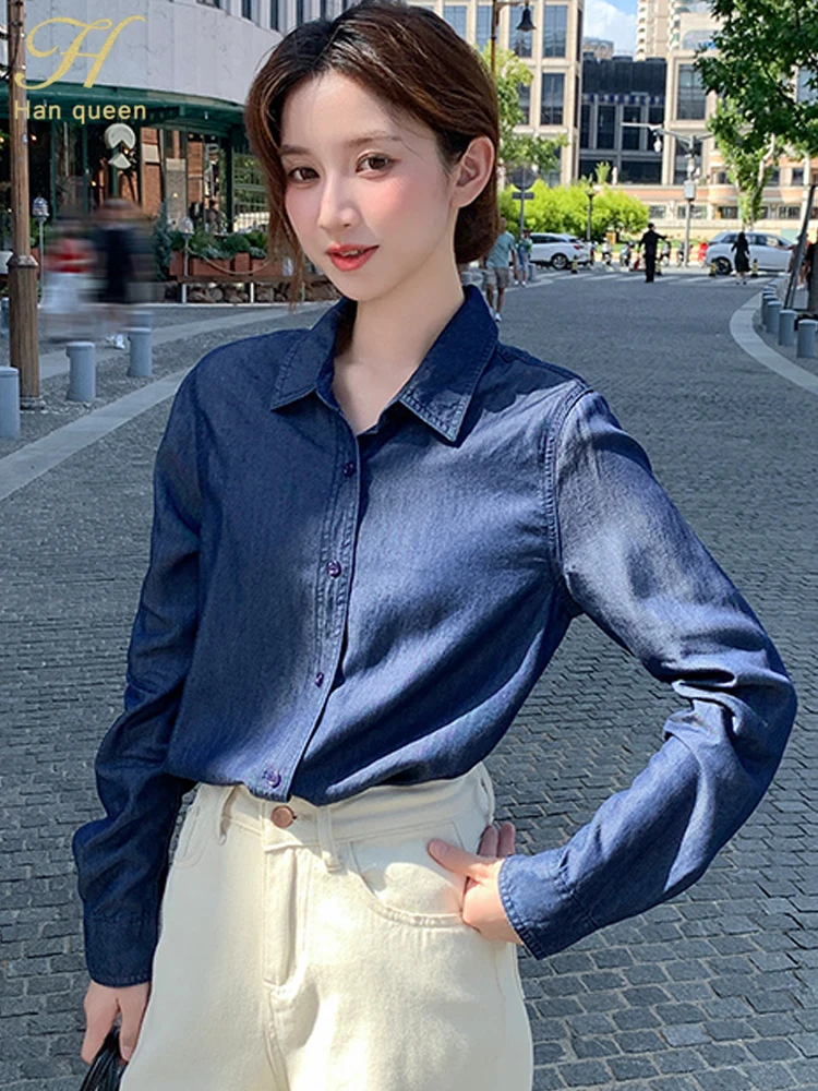 

H Han Queen 2025 Women's Clothing Casual Tops Spring Autumn Blouses Fashion Simple Long Sleeve Office Lady OL Loose Denim Shirts