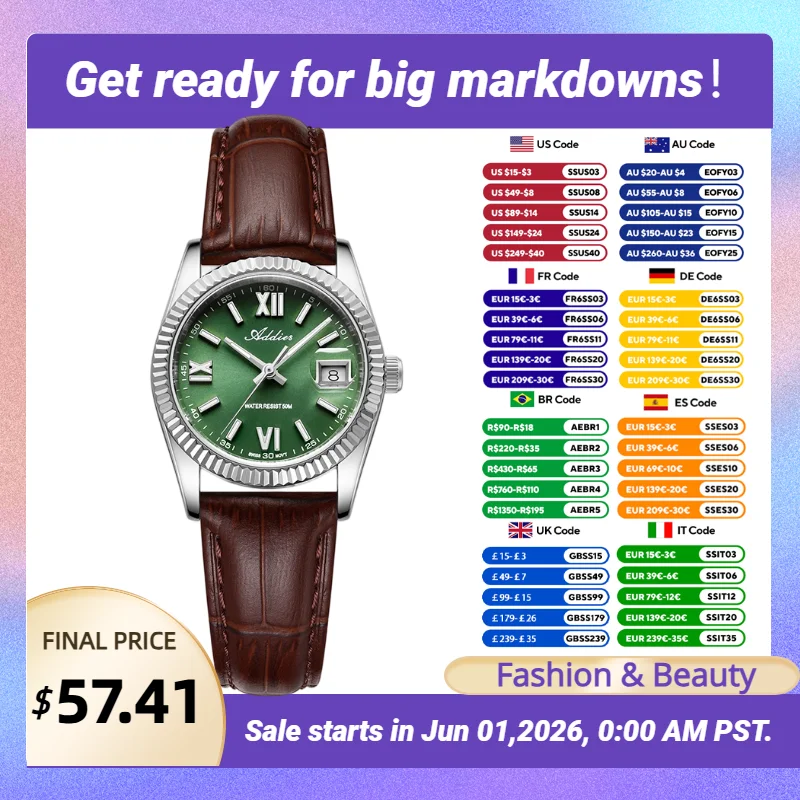 

Addies Fashion Lady Quartz Watch Swiss 585 Sapphire Mirror Waterproof Stainless Steel Watch BGW9 Luminous Elegant Women Watches