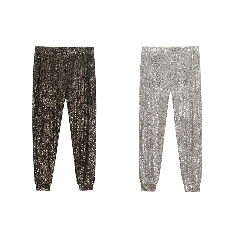 Fashionable Casual Shiny Sequin Nightclub Style Cuffed Pants Trendy Loose Glittering Trousers with  Side Pocket Design