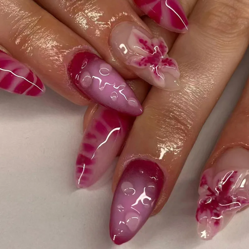 

24Pcs Mid-length Almond Fake Nail with 3D Flower Design Press on Nails for Woman Red Pattern Reusable Full Cover False Nail Tip